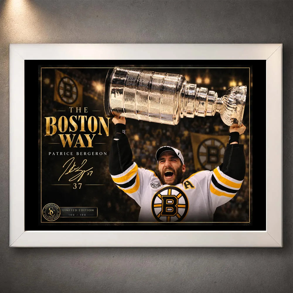 White framed Patrice Bergeron hockey wall art featuring The Boston Way design against a dark display wall.