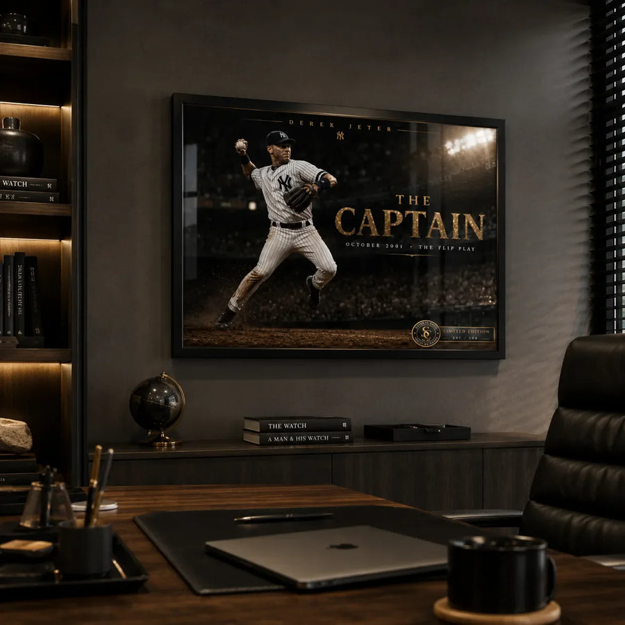 Black framed Derek Jeter The Captain baseball wall art mounted in a dark premium office above timber cabinetry.