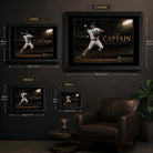 Derek Jeter The Captain framed baseball wall art size guide showing Small, Medium, Large and XL dimensions.