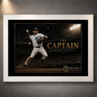 Derek Jeter The Captain baseball wall art shown in a white frame with black matting and gold collector details.