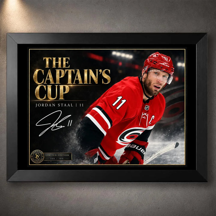 Black framed The Captain's Cup Jordan Staal hockey wall art featuring the number 11 captain portrait.