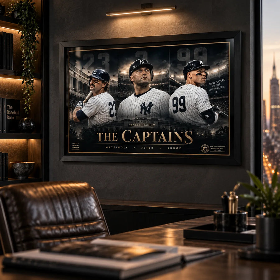 Mattingly, Jeter and Judge wall art displayed in a dark man cave with premium collector styling.