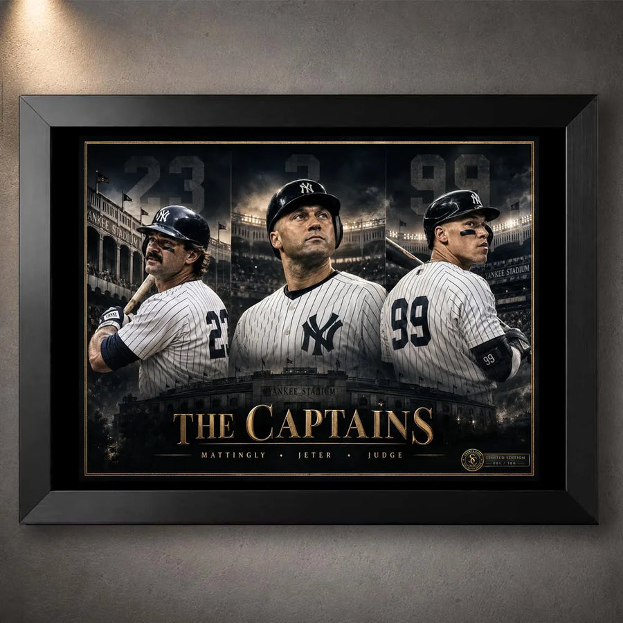 Black framed Mattingly, Jeter and Judge Yankees wall art featuring The Captains collector design.