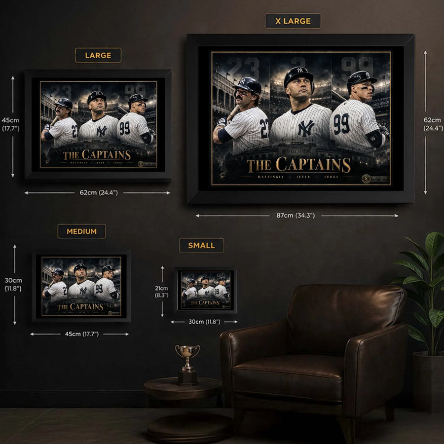 Mattingly, Jeter and Judge wall art size guide showing available framed sizes from Small to X Large.