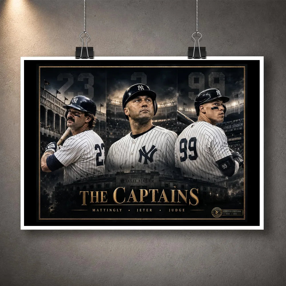 Unframed Mattingly, Jeter and Judge baseball wall art featuring The Captains collector design.