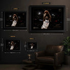 Kawhi Leonard The Claw framed basketball wall art size guide showing small, medium, large and extra large dimensions.