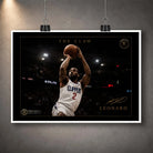 Kawhi Leonard The Claw unframed basketball wall art print, shown hanging with clips against a textured dark grey wall.