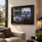 Dick Johnson and John French The Comeback wall art displayed in a bright living room with a black frame.