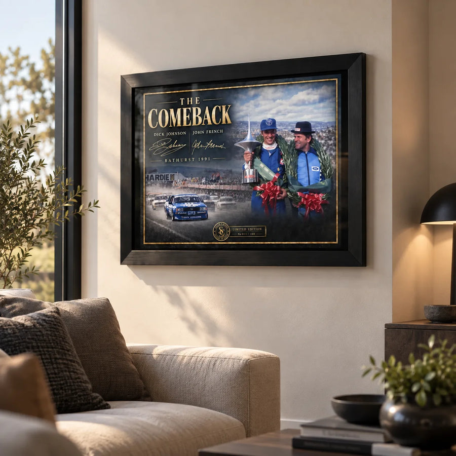 Dick Johnson and John French The Comeback wall art displayed in a bright living room with a black frame.