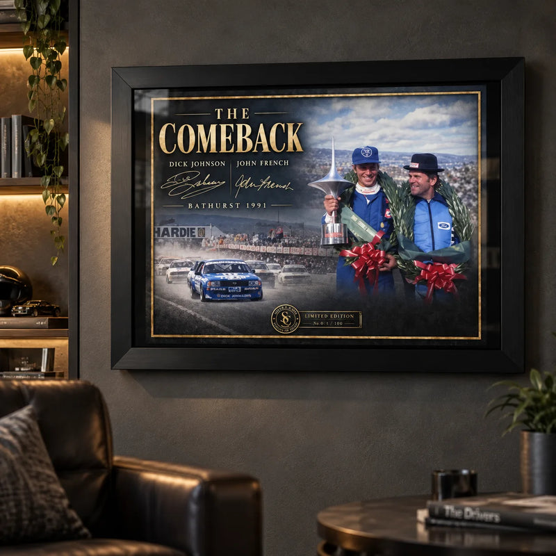 Dick Johnson and John French The Comeback wall art displayed in a dark motorsport man cave setting.