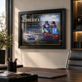 Dick Johnson and John French motorsport wall art displayed in a modern office with a black frame.