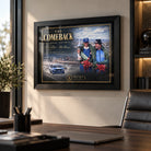 Dick Johnson and John French motorsport wall art displayed in a modern office with a black frame.