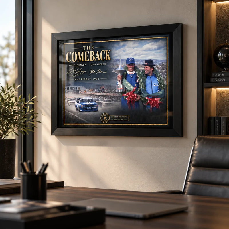 Dick Johnson and John French motorsport wall art displayed in a modern office with a black frame.