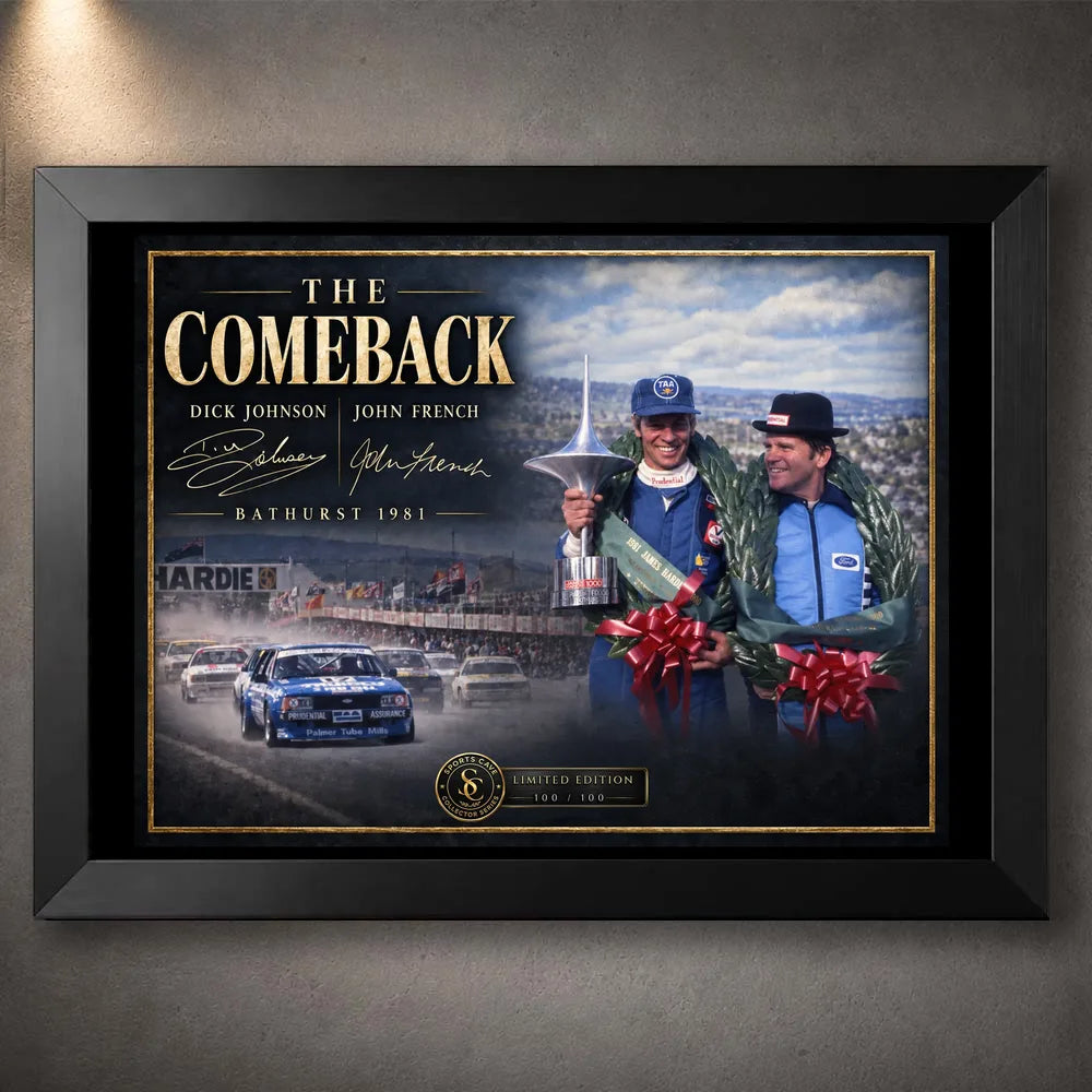 Black framed Dick Johnson and John French motorsport wall art featuring The Comeback collector design.
