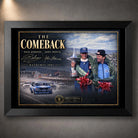 Black framed Dick Johnson and John French motorsport wall art featuring The Comeback collector design.