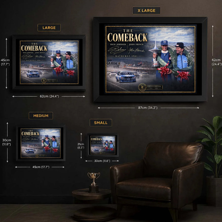Dick Johnson and John French wall art size guide showing the available framed and unframed dimensions.