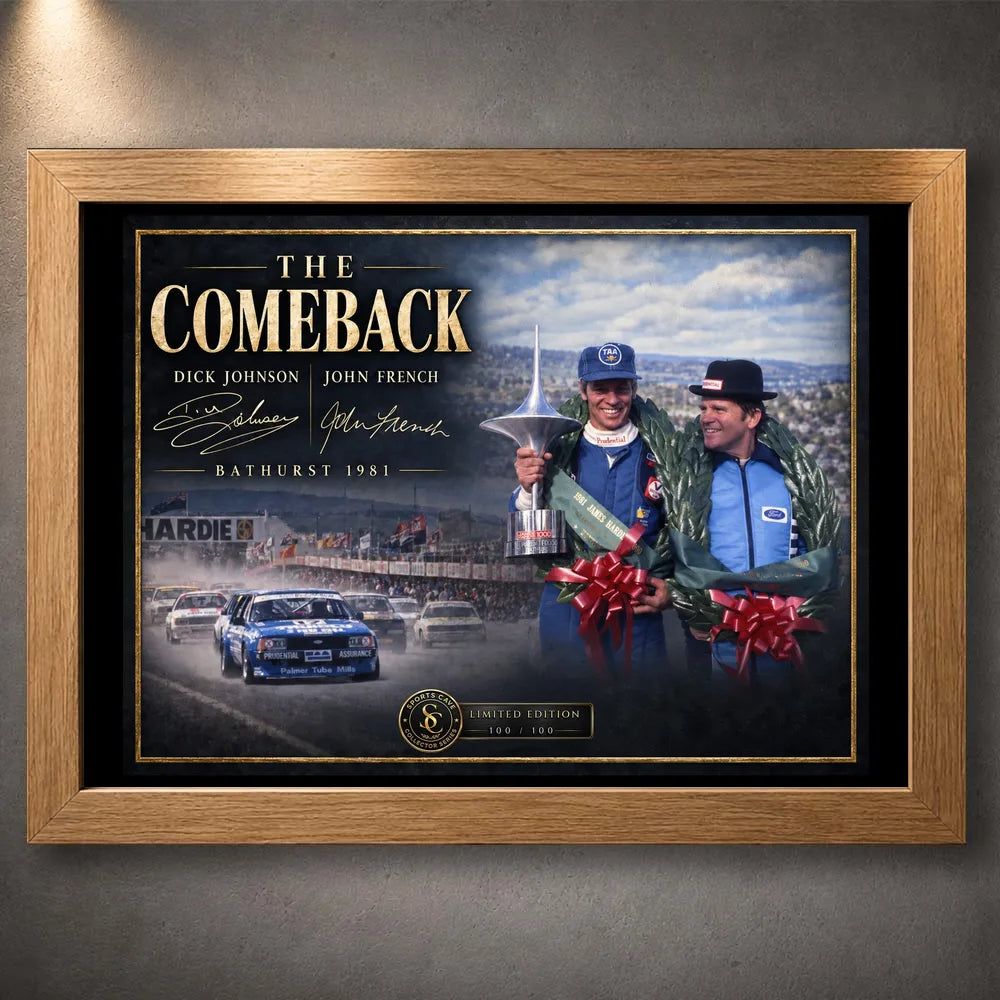 Oak framed Dick Johnson and John French The Comeback motorsport wall art for an Australian racing collection.