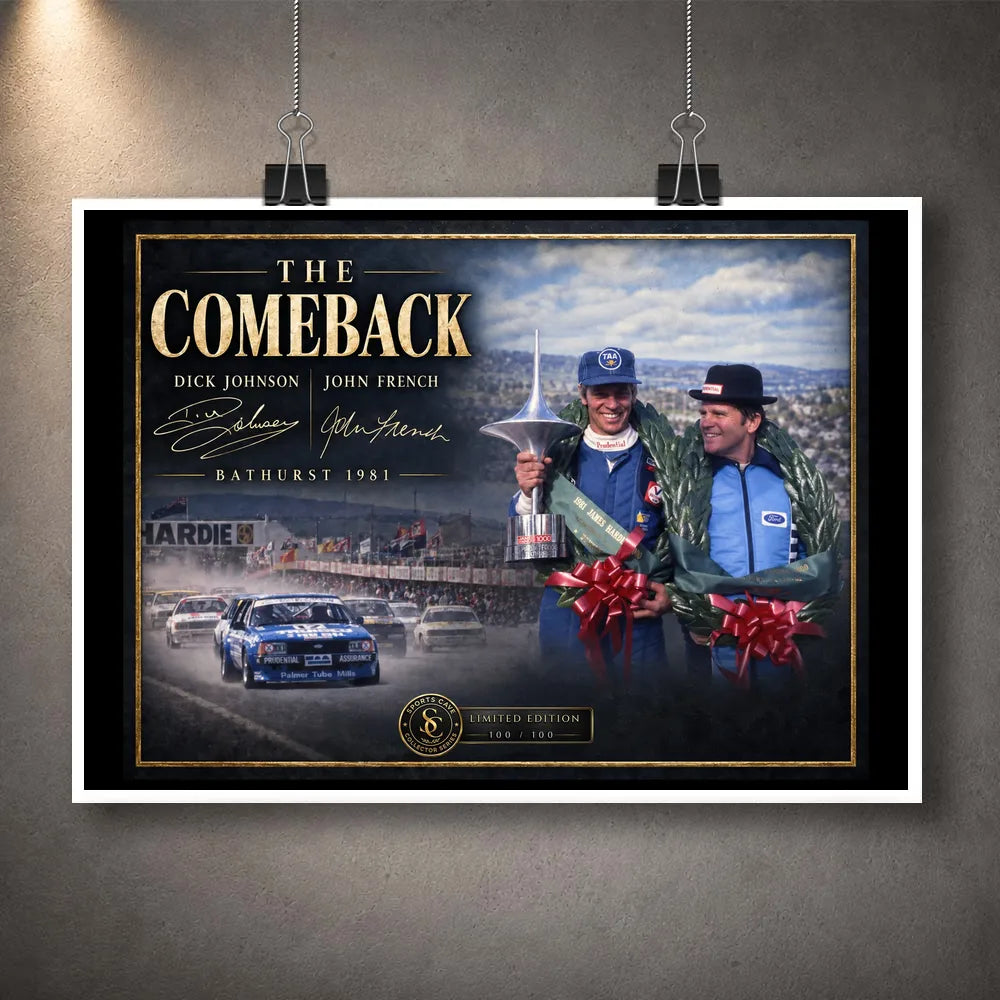 Unframed Dick Johnson and John French The Comeback motorsport wall art design for racing fans and collectors.