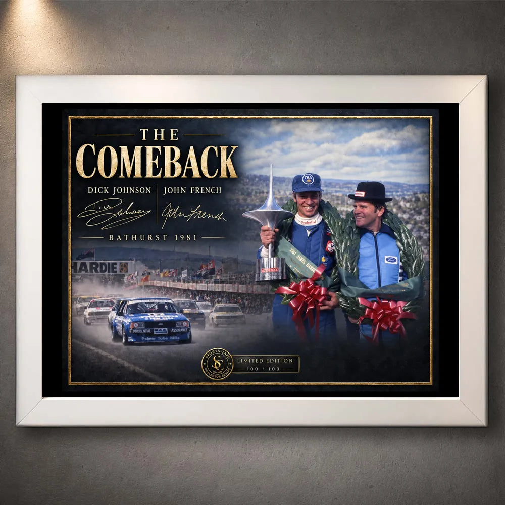 White framed Dick Johnson and John French The Comeback motorsport wall art for a clean collector display.