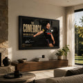 Nathan Cleary wall art displayed in a warm living room setting with the black framed The Comeback design above a timber console.