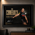 Nathan Cleary wall art displayed in a dark man cave setting with the black framed The Comeback design above a cabinet.