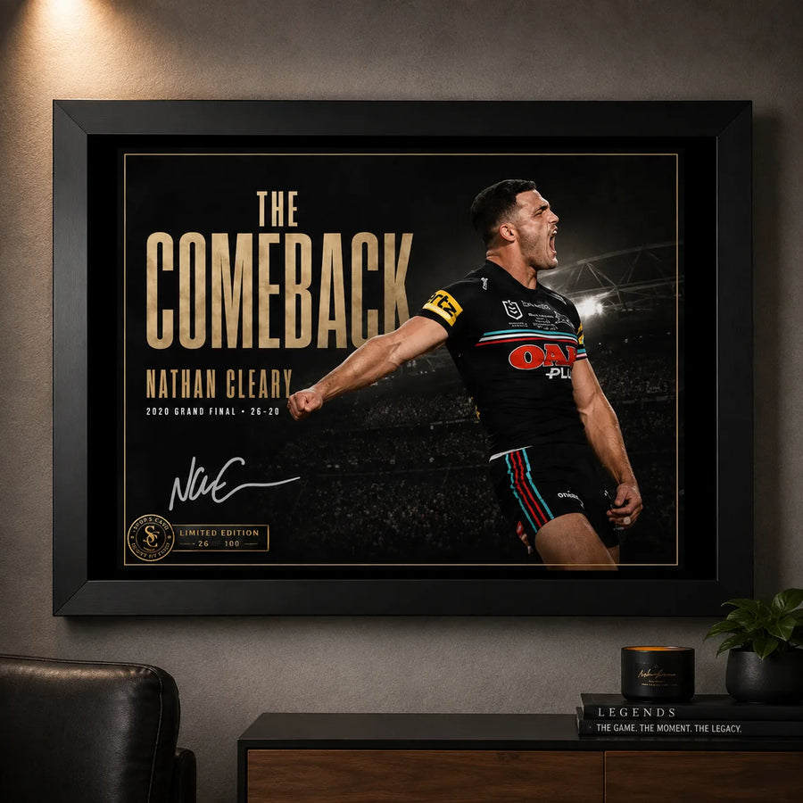 Nathan Cleary wall art displayed in a dark man cave setting with the black framed The Comeback design above a cabinet.