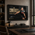 Nathan Cleary wall art displayed in a modern office setting with the black framed The Comeback design above a work desk.