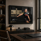 Nathan Cleary wall art displayed in a modern office setting with the black framed The Comeback design above a work desk.