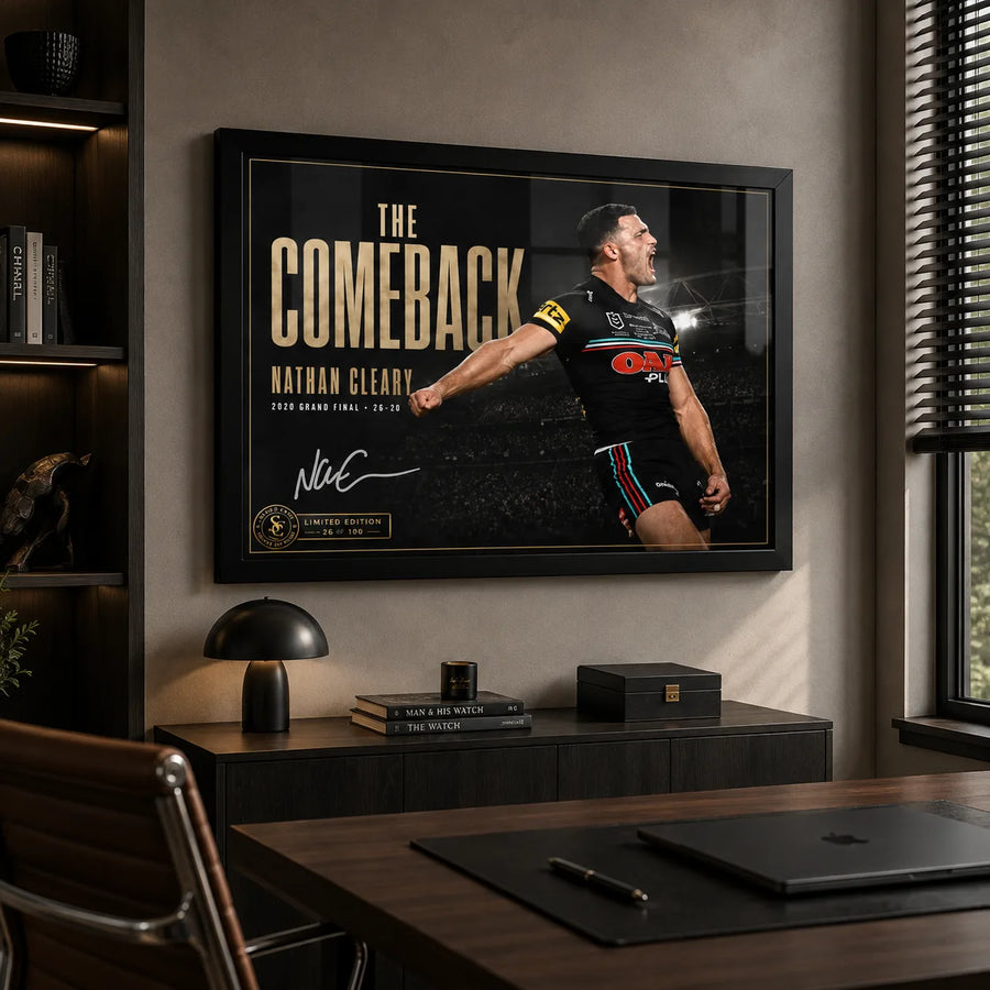 Nathan Cleary wall art displayed in a modern office setting with the black framed The Comeback design above a work desk.