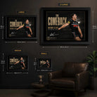 Nathan Cleary wall art size guide showing framed Small, Medium, Large and X Large dimensions in a dark room setting.