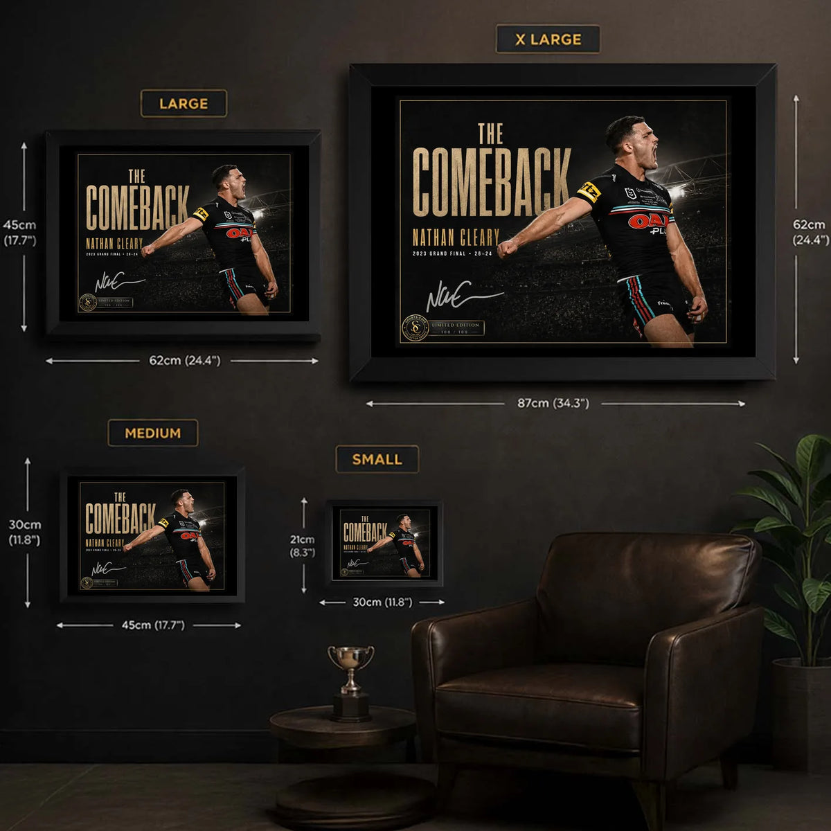 Nathan Cleary wall art size guide showing framed Small, Medium, Large and X Large dimensions in a dark room setting.
