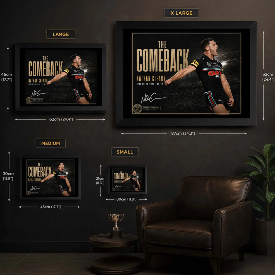 Nathan Cleary wall art size guide showing framed Small, Medium, Large and X Large dimensions in a dark room setting.