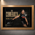 Oak framed Nathan Cleary wall art featuring The Comeback design in a warm timber frame against a dark wall.