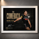 White framed Nathan Cleary wall art featuring The Comeback design in a clean white frame against a dark wall.