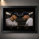 Alex Rodriguez and Derek Jeter face off in The Divide baseball wall art, displayed in a premium black frame.