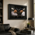 The Divide Alex Rodriguez and Derek Jeter baseball wall art displayed in a refined living room with warm natural light.
