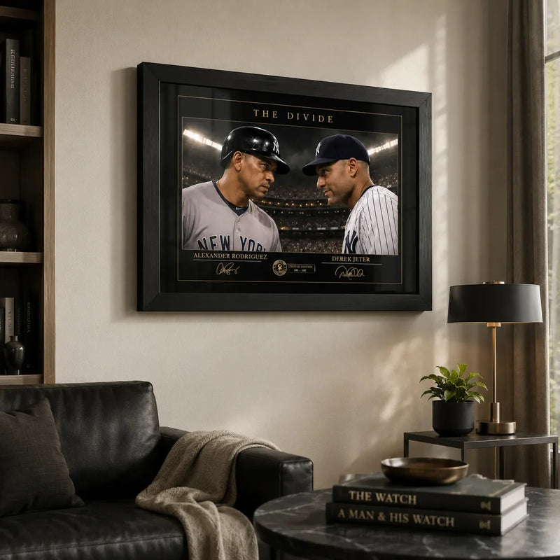 The Divide Alex Rodriguez and Derek Jeter baseball wall art displayed in a refined living room with warm natural light.