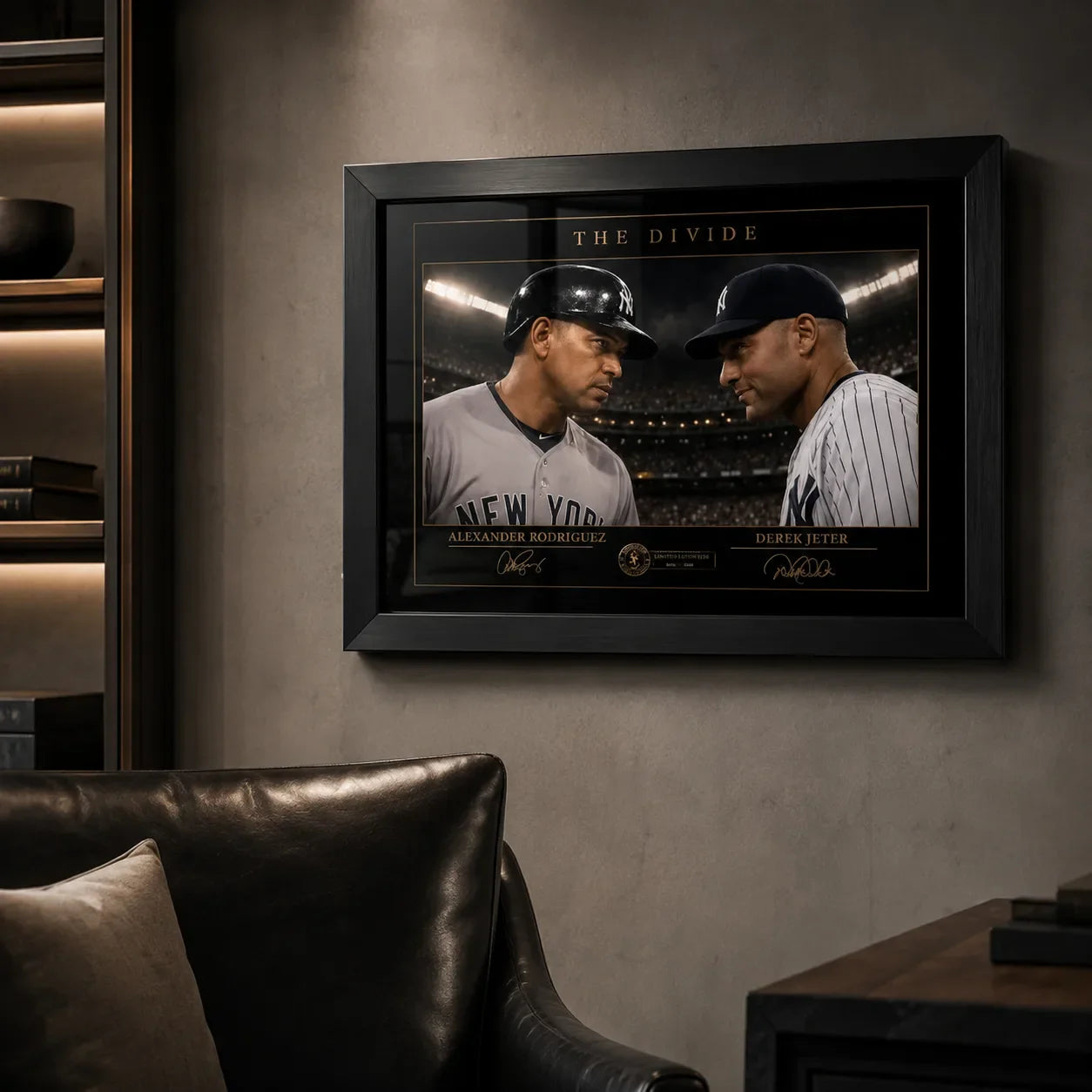 Alex Rodriguez and Derek Jeter framed baseball wall art displayed in a dark collector-style man cave interior.