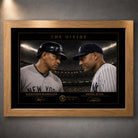 The Divide baseball wall art featuring Alex Rodriguez and Derek Jeter, presented in a natural oak frame.