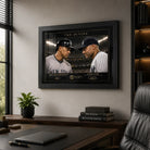 The Divide Alex Rodriguez and Derek Jeter baseball wall art displayed in a premium home office above a timber desk.