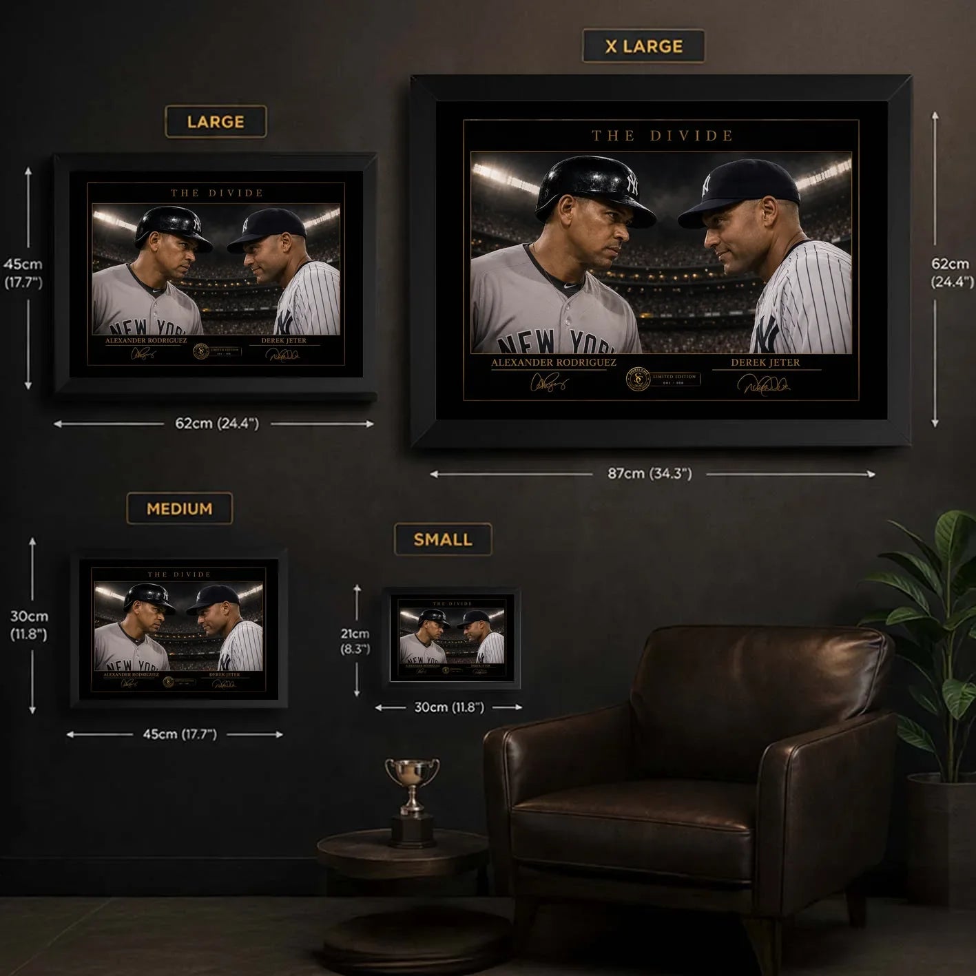 Size guide showing Small, Medium, Large and XL options for The Divide Alex Rodriguez and Derek Jeter baseball wall art.