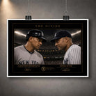 Unframed The Divide baseball wall art featuring Alex Rodriguez and Derek Jeter beneath dramatic stadium lights.