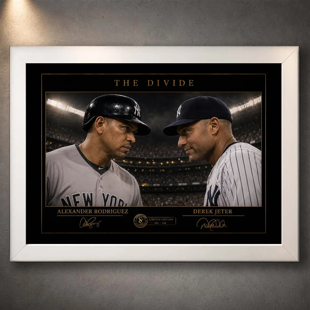 Alex Rodriguez and Derek Jeter appear in The Divide baseball wall art, shown in a clean white frame.