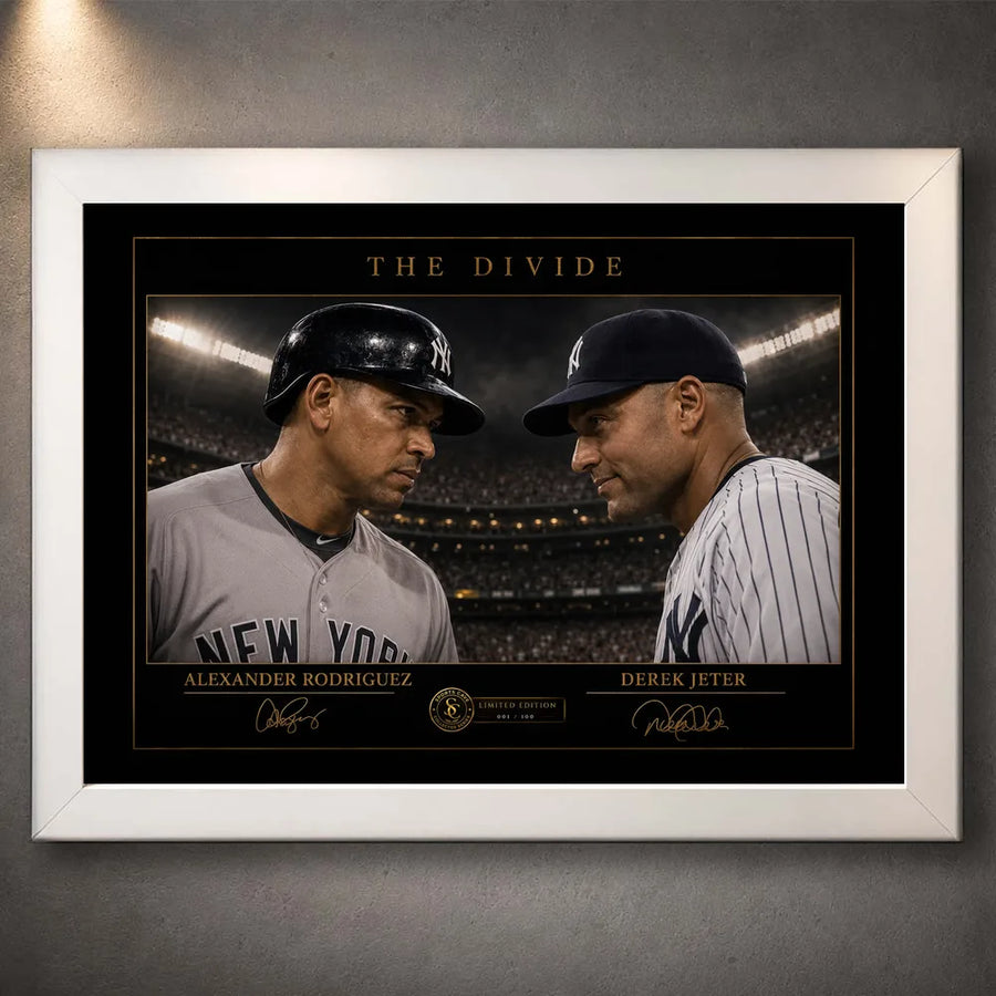 Alex Rodriguez and Derek Jeter appear in The Divide baseball wall art, shown in a clean white frame.