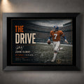Black framed John Elway wall art featuring The Drive tribute, created for NFL collectors and dedicated Denver football fans.