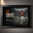 Black framed John Elway wall art featuring The Drive tribute, created for NFL collectors and dedicated Denver football fans.