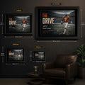 The Drive wall art size guide showing Small, Medium, Large and XL framed dimensions for the John Elway collector design.