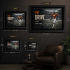 The Drive wall art size guide showing Small, Medium, Large and XL framed dimensions for the John Elway collector design.