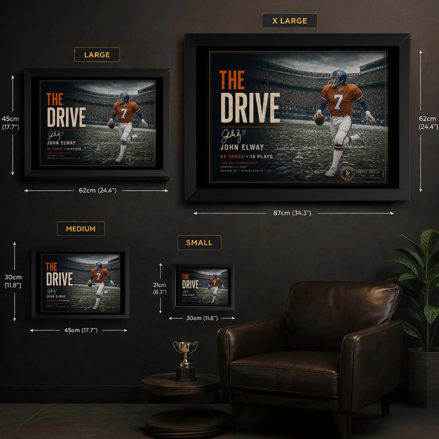 The Drive wall art size guide showing Small, Medium, Large and XL framed dimensions for the John Elway collector design.