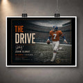 Unframed John Elway wall art featuring The Drive tribute with a white border, ready for a custom frame or collector display.